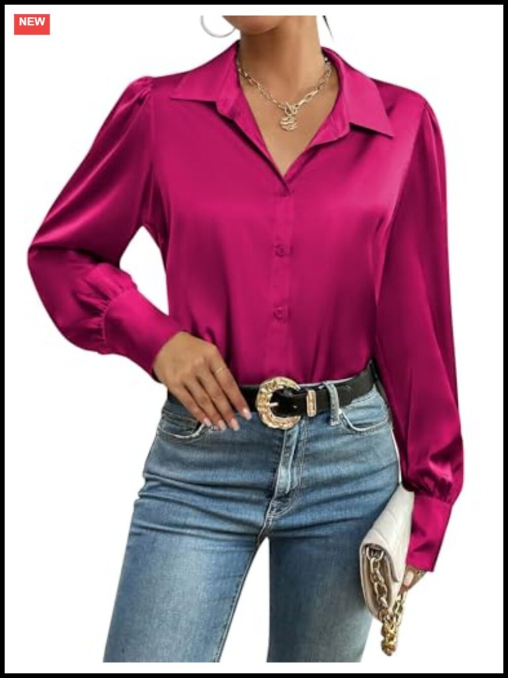 Satin Button-Down Blouse Long Sleeve V-Neck Loose Fit Tunic Top